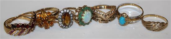 Ten 9ct gold gem set rings